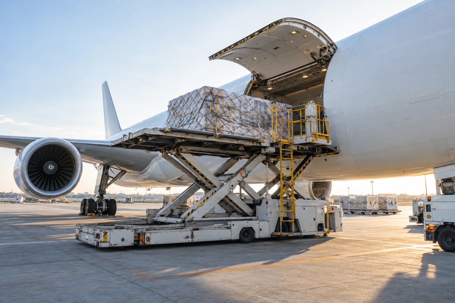 A cargo aircraft being loaded on the apron