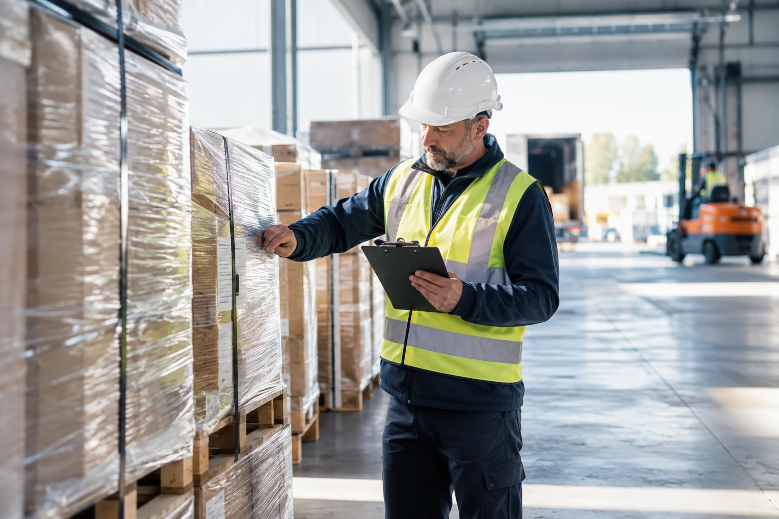 A warehouse worker checking wrapped pallets against a clipboard