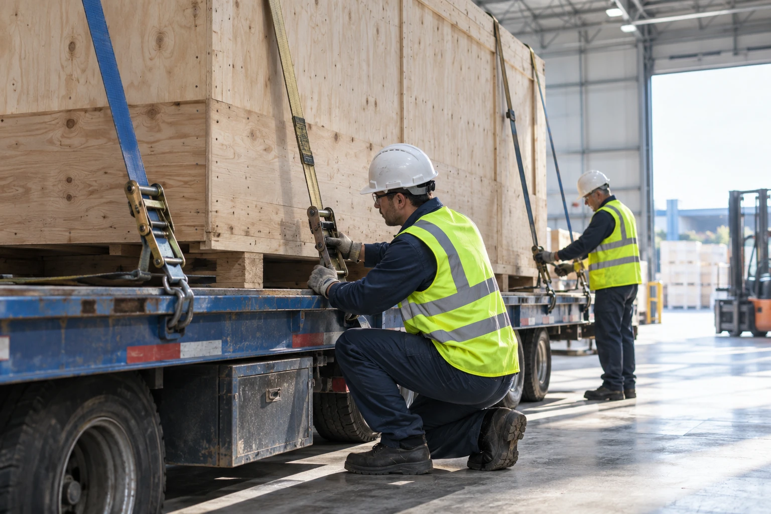 Crated project cargo lashed to a flatbed trailer