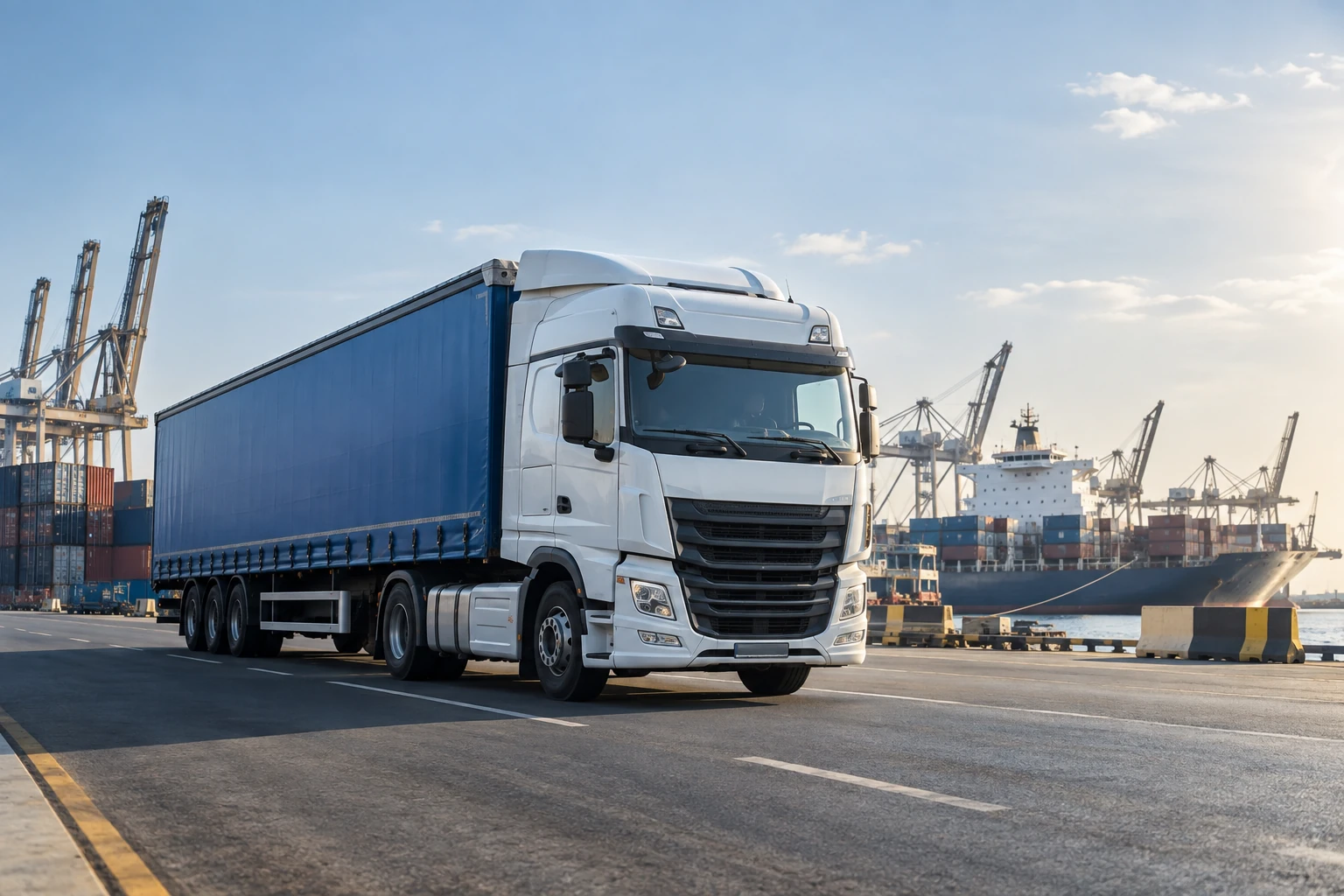 A curtain-side trailer leaving the port