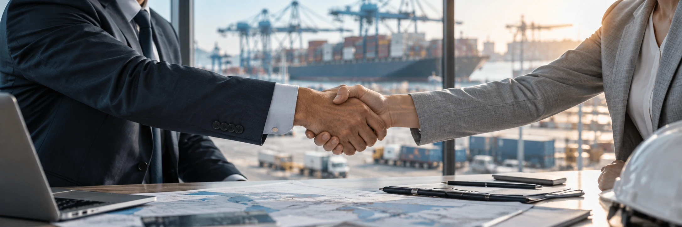 A handshake across a desk, with the port behind