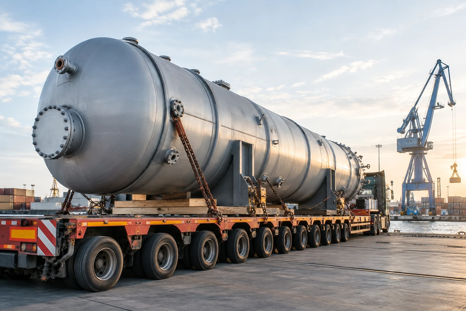 A pressure vessel on a multi-axle trailer at the port