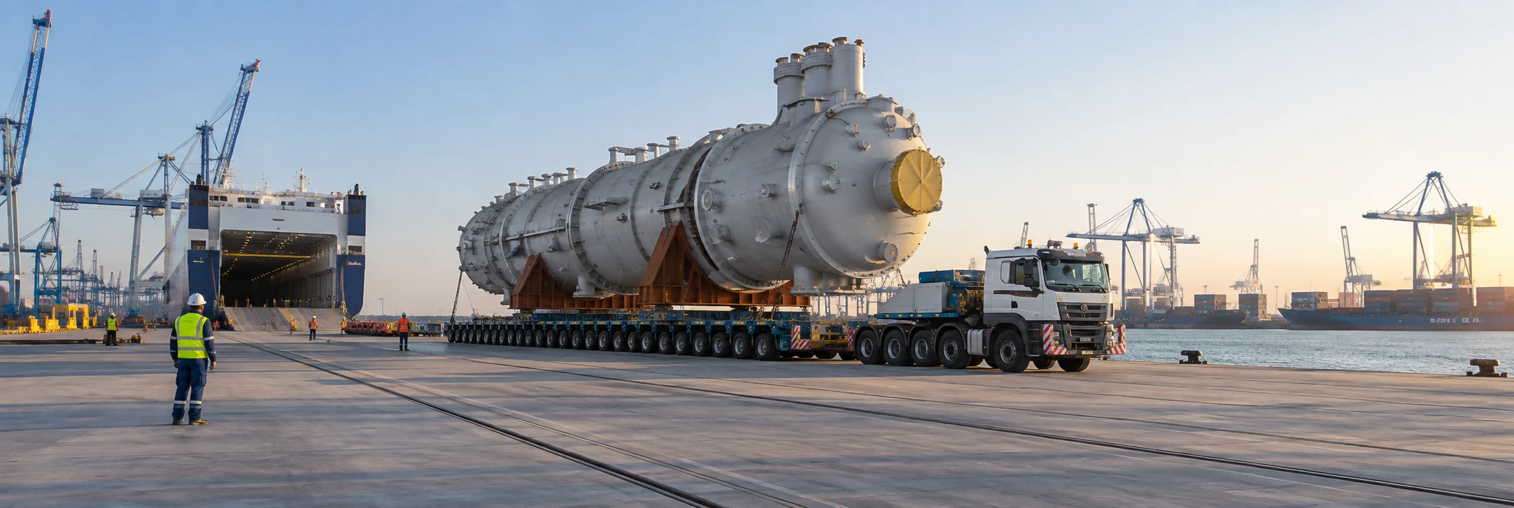 A heavy vessel on a self-propelled modular trailer at the quay