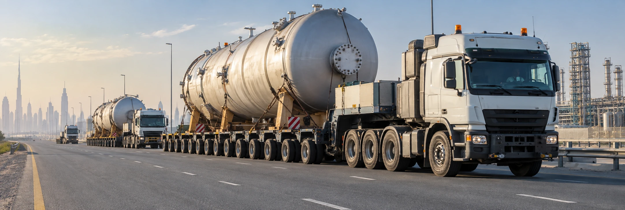 A convoy of pressure vessels on multi-axle trailers, with the Dubai skyline behind